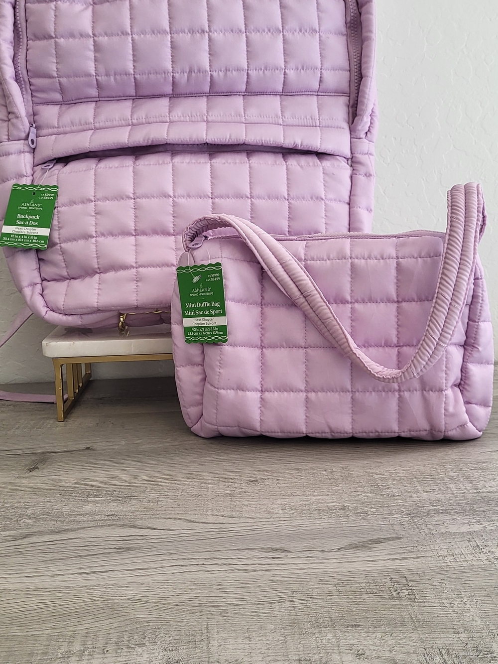 Quilted Large Backpack And Mini Duffle Bag in Light Lavender